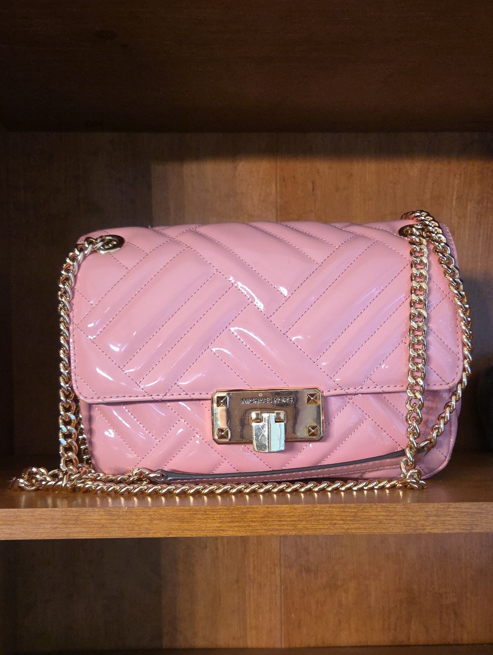 Michael Kors Pink Quilted Patent Crossbody with Gold-Tone Chain